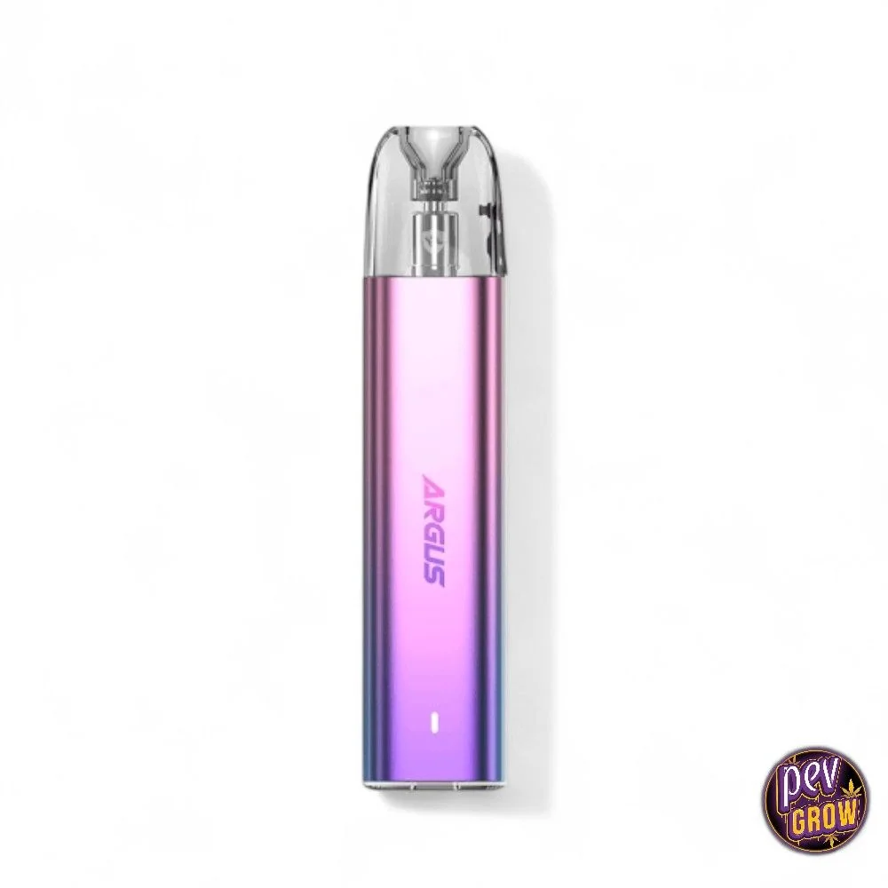 Voopoo Argus G2 Mini Plus en posición vertical, con cuerpo de degradado rosa a violeta y cartucho transparente sobre fondo blanco.