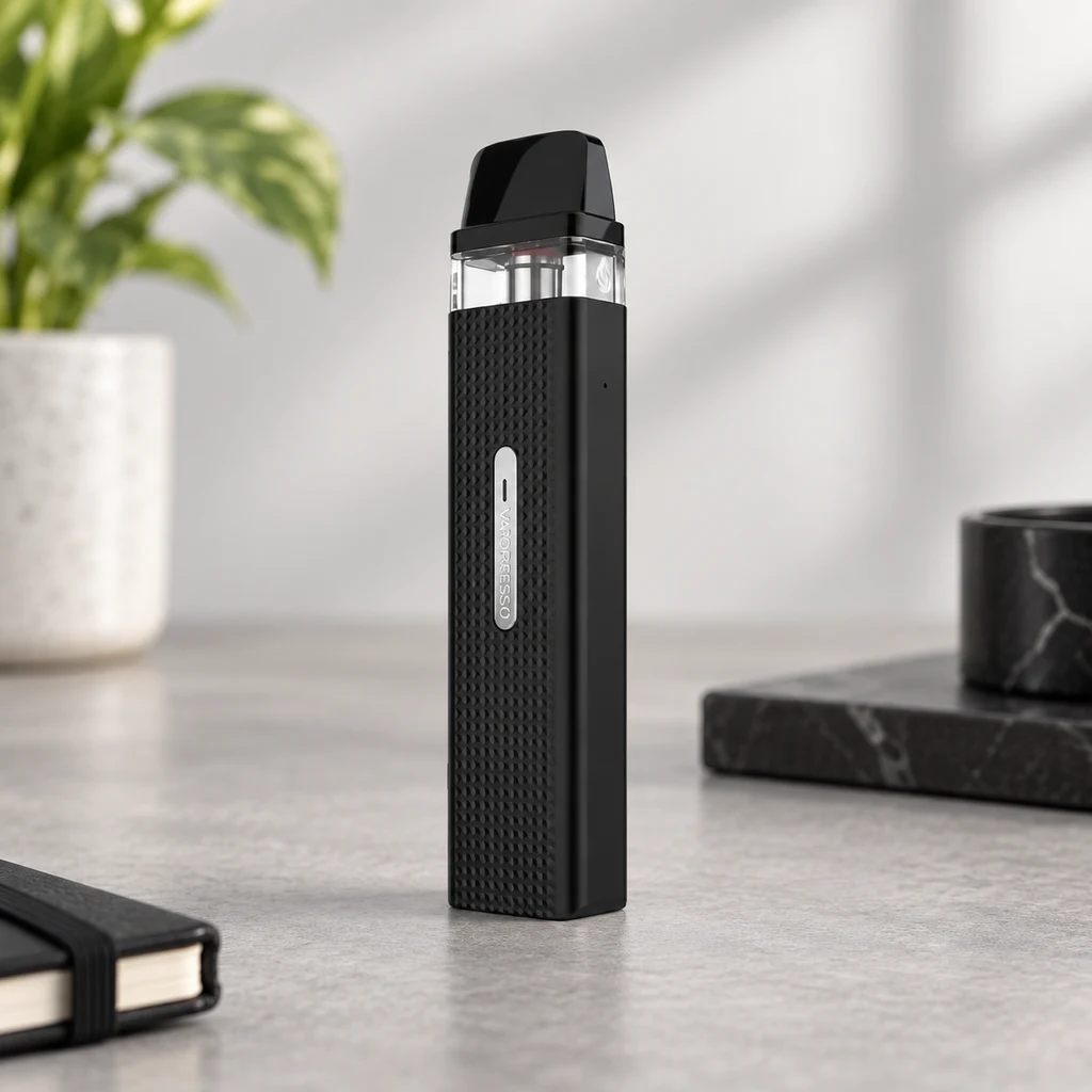 Vapeador Vaporesso XROS Mini negro de pie sobre una mesa, con frontal texturizado, depósito transparente y boquilla negra. Vapeador Vaporesso XROS Mini negro de pie sobre una mesa, con frontal texturizado, depósito transparente y boquilla negra.