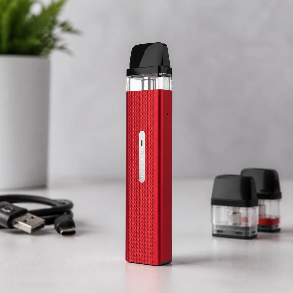 Vaporesso Xros Mini rojo en posición vertical, con cuerpo texturizado y boquilla negra, junto a varios pods y un cable USB. Vaporesso Xros Mini rojo en posición vertical, con cuerpo texturizado y boquilla negra, junto a varios pods y un cable USB.