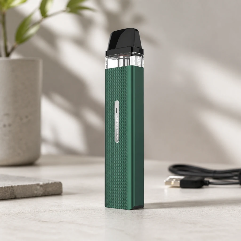 Escena generada del Vaporesso Xros Mini verde, de pie con boquilla negra y depósito transparente; un cable USB aparece detrás.
