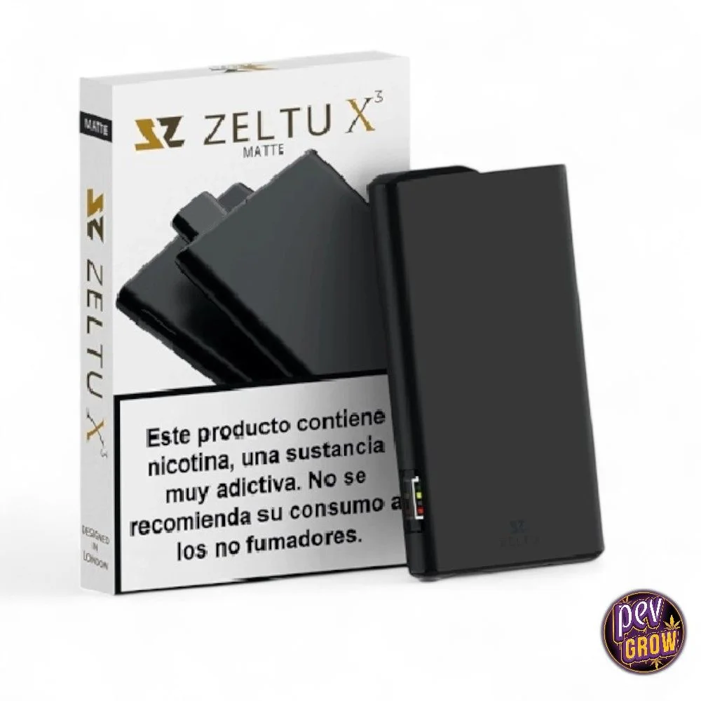 Pod recargable Zeltu X3 negro mate junto a su caja blanca, con ilustración del dispositivo y advertencia sobre la nicotina en español.
