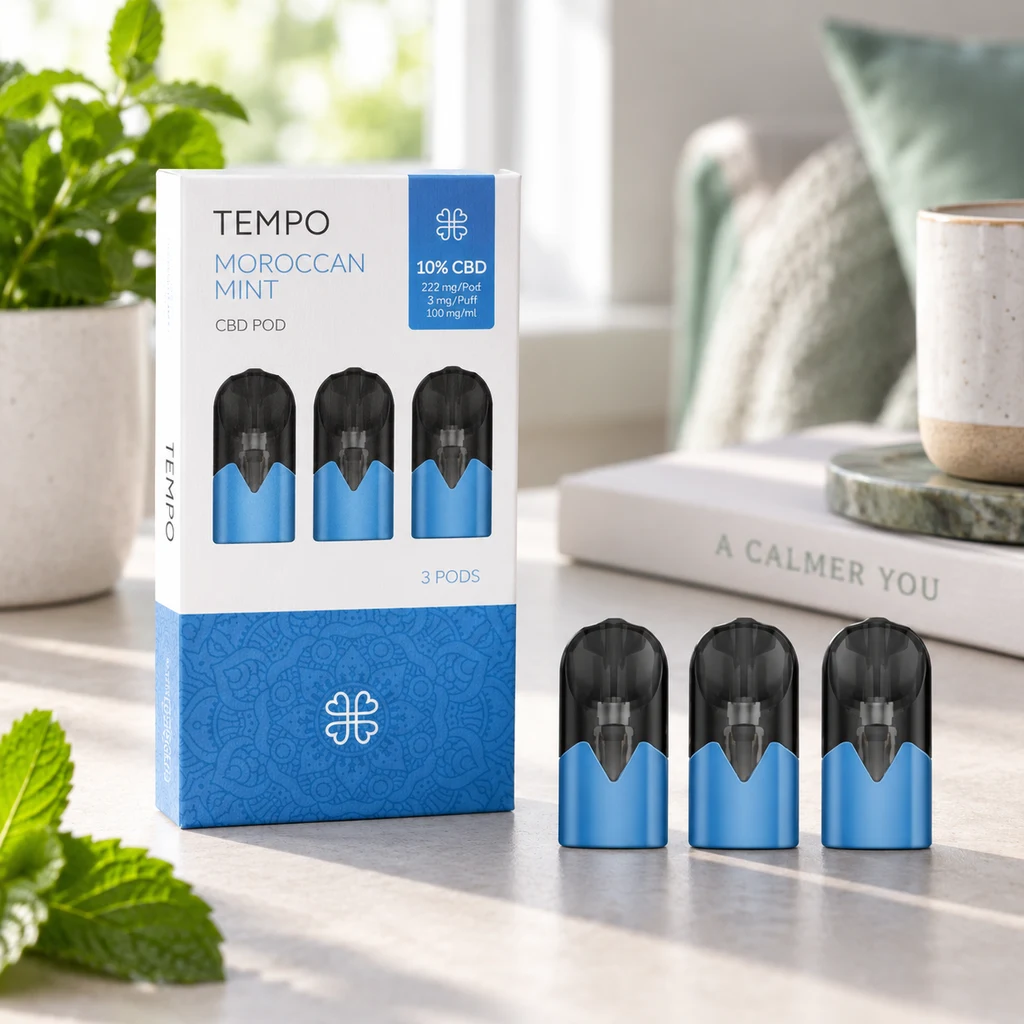 Caja Tempo Moroccan Mint con etiqueta de 10 % CBD y varios cartuchos negros y azules, junto a hojas de menta en una mesa.