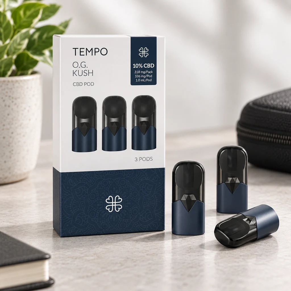 Caja TEMPO O.G. Kush rotulada con 10 % CBD y 318 mg por pack, junto a varios cartuchos azul oscuro sobre una mesa.