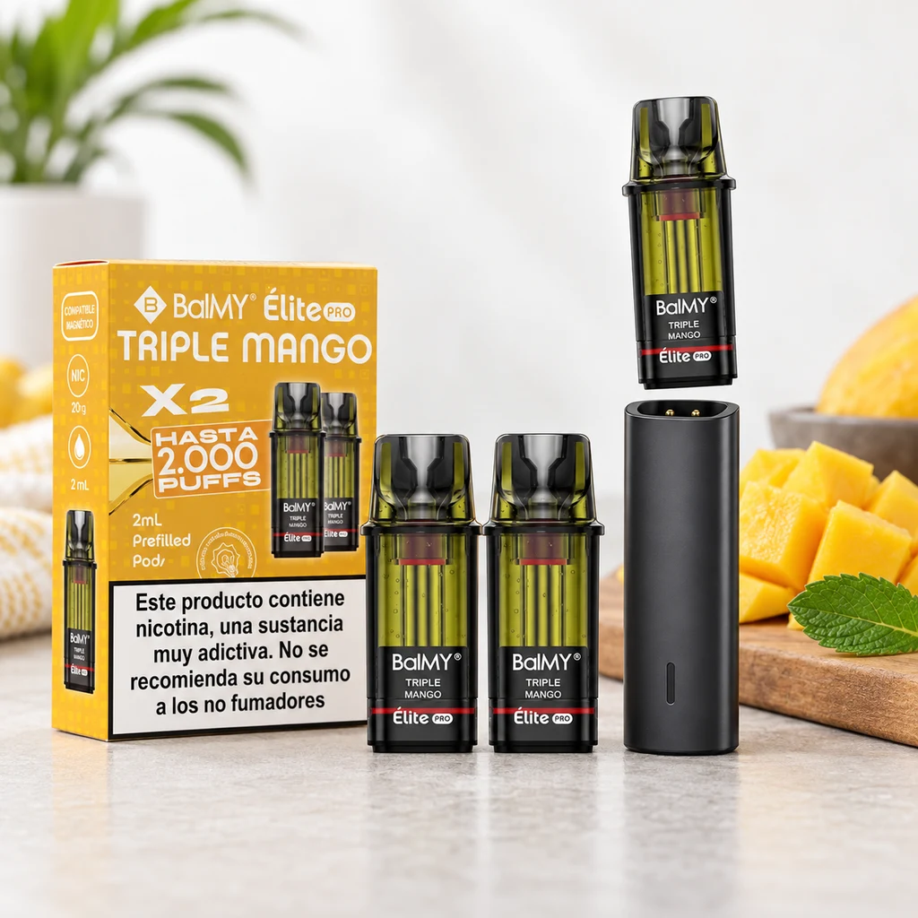 Escena generada de recambios Balmy Elite Pro Triple Mango junto a su caja amarilla, un dispositivo negro y trozos de mango.