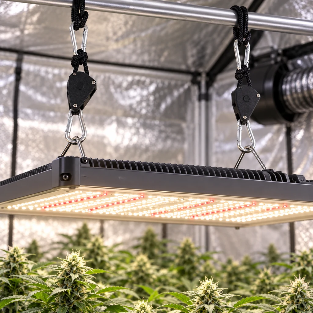 Poleas con freno Neptune Hydroponics con cuerdas y mosquetones, sujetando un panel LED sobre plantas en un armario de cultivo. Poleas con freno Neptune Hydroponics con cuerdas y mosquetones, sujetando un panel LED sobre plantas en un armario de cultivo.
