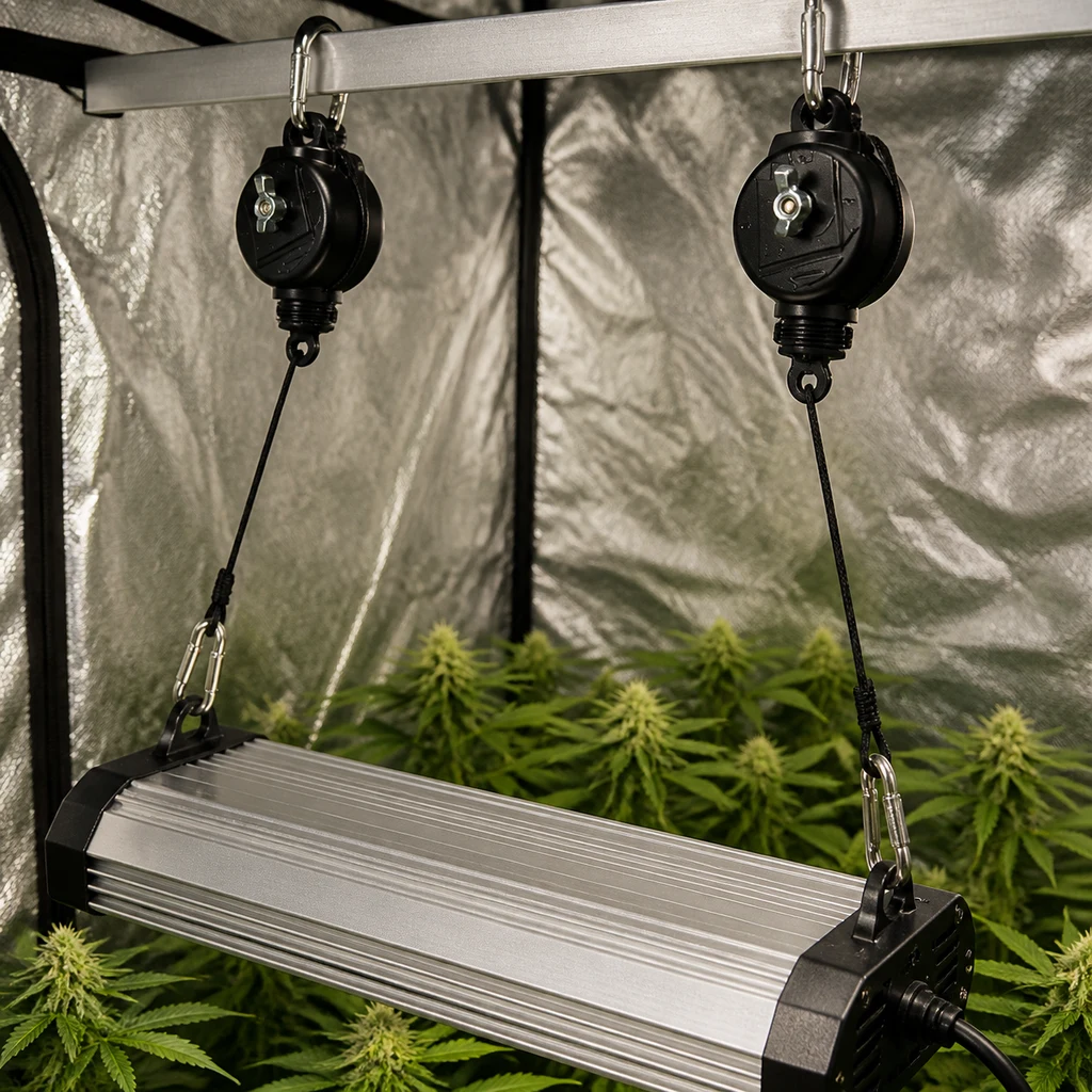 Escena generada de poleas Easy Roller con cuerdas y mosquetones que sostienen una luminaria sobre plantas en un armario reflectante.