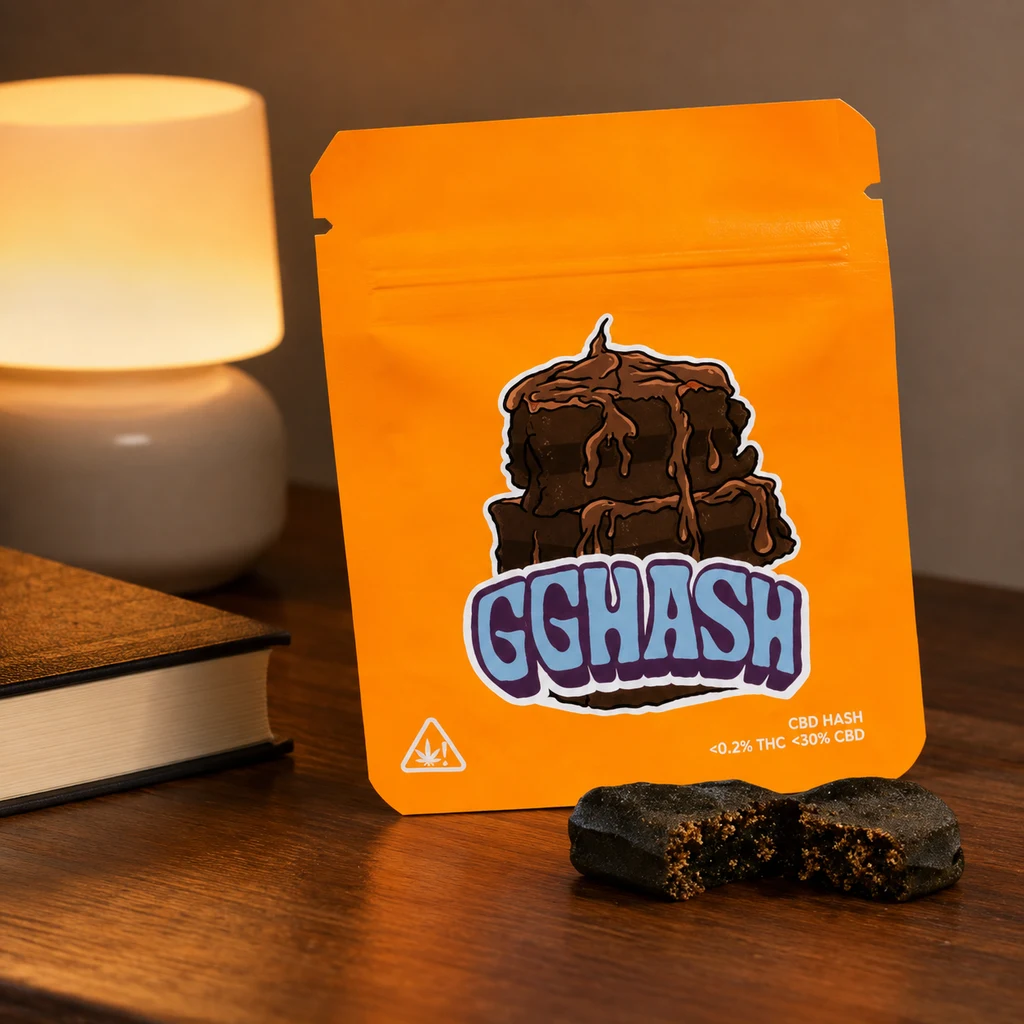 Escena generada con una bolsa naranja rotulada GGHASH y una pieza oscura partida sobre una mesa de madera, junto a un libro y una lámpara.