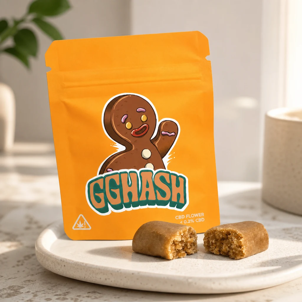 Bolsa naranja GG Hash con un personaje de galleta, detrás de porciones marrones de interior granulado sobre un plato claro.