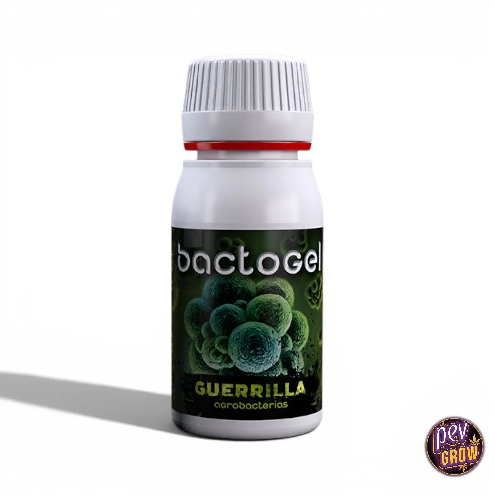 Bote blanco de Bactogel Guerrilla con tapón estriado, precinto rojo y etiqueta oscura con formas esféricas verdes sobre fondo blanco.