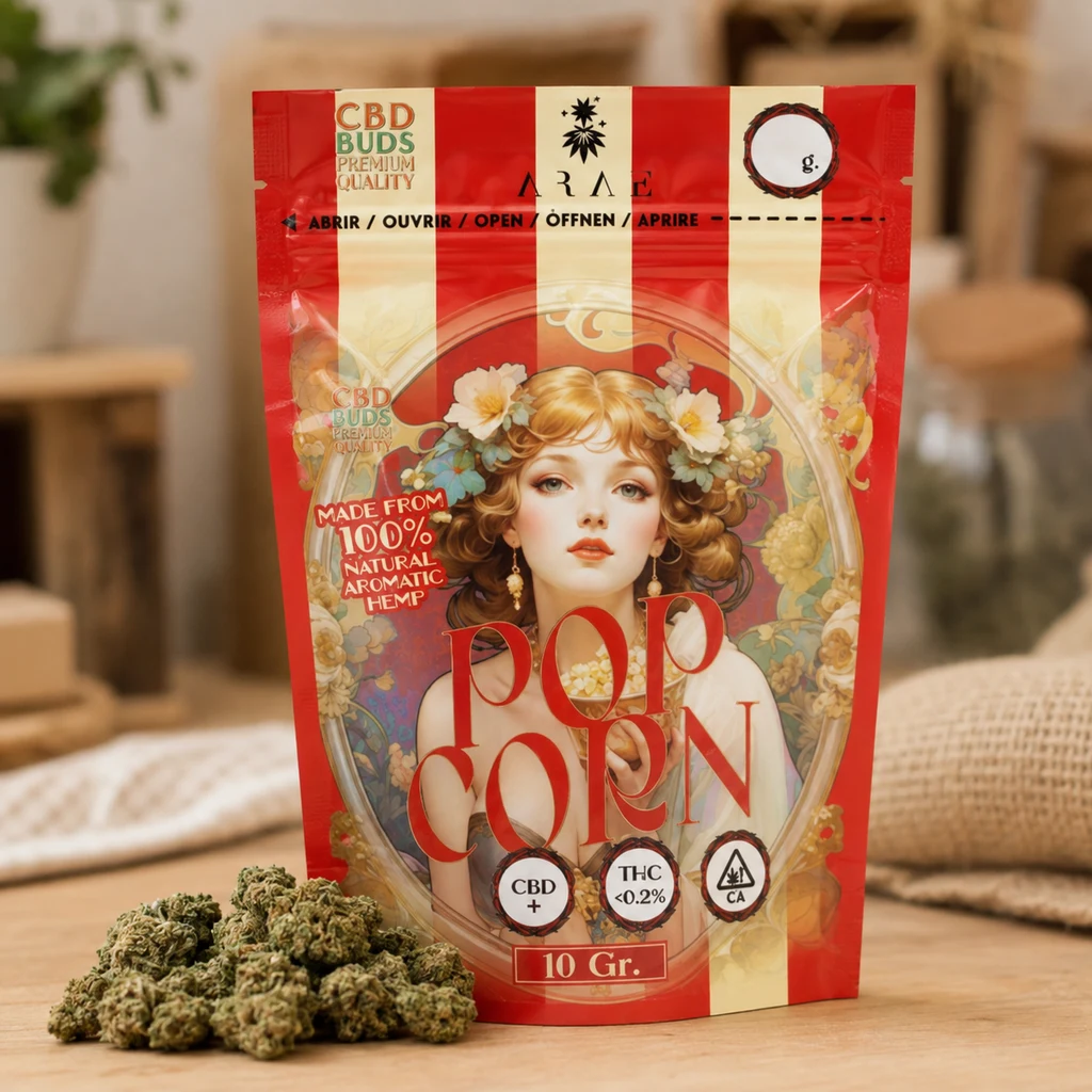 Bolsa roja y crema Pop Corn CBD de 10 g, decorada con un retrato femenino entre flores, con varios cogollos delante sobre una mesa. Bolsa roja y crema Pop Corn CBD de 10 g, decorada con un retrato femenino entre flores, con varios cogollos delante sobre una mesa.