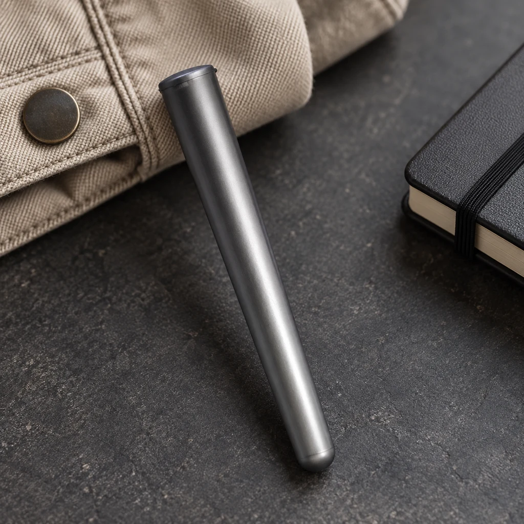 Estuche tubular de acabado gris plateado colocado en diagonal sobre una superficie oscura, junto a una prenda beige y una libreta negra.