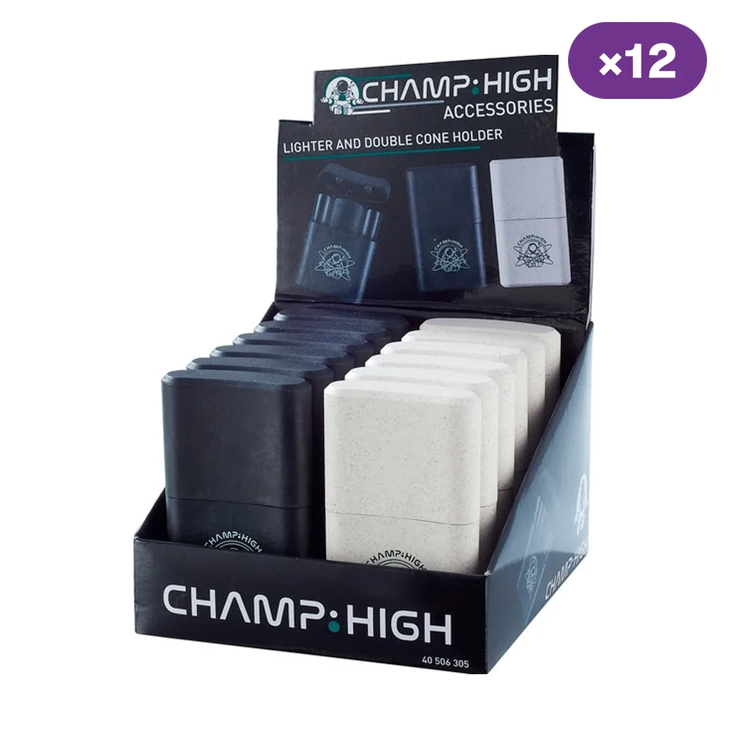 Expositor Champ High con portaencendedores y portaconos dobles en negro y blanco moteado, con un distintivo de 12 unidades.