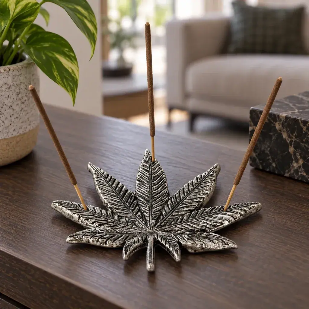 Bandeja de incienso plateada con forma de hoja de marihuana y nervaduras en relieve, con tres varillas sobre una mesa de madera.