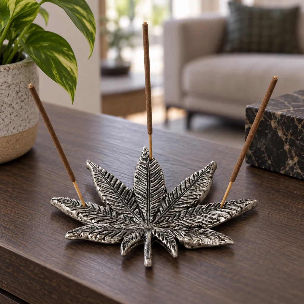 Bandeja de incienso plateada con forma de hoja de marihuana y nervaduras en relieve, con tres varillas sobre una mesa de madera. Bandeja de incienso plateada con forma de hoja de marihuana y nervaduras en relieve, con tres varillas sobre una mesa de madera.