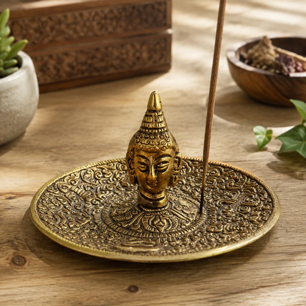 Portaincienso dorado con plato circular de relieves ornamentales, cabeza de Buda central y varilla colocada a un lado sobre una mesa.