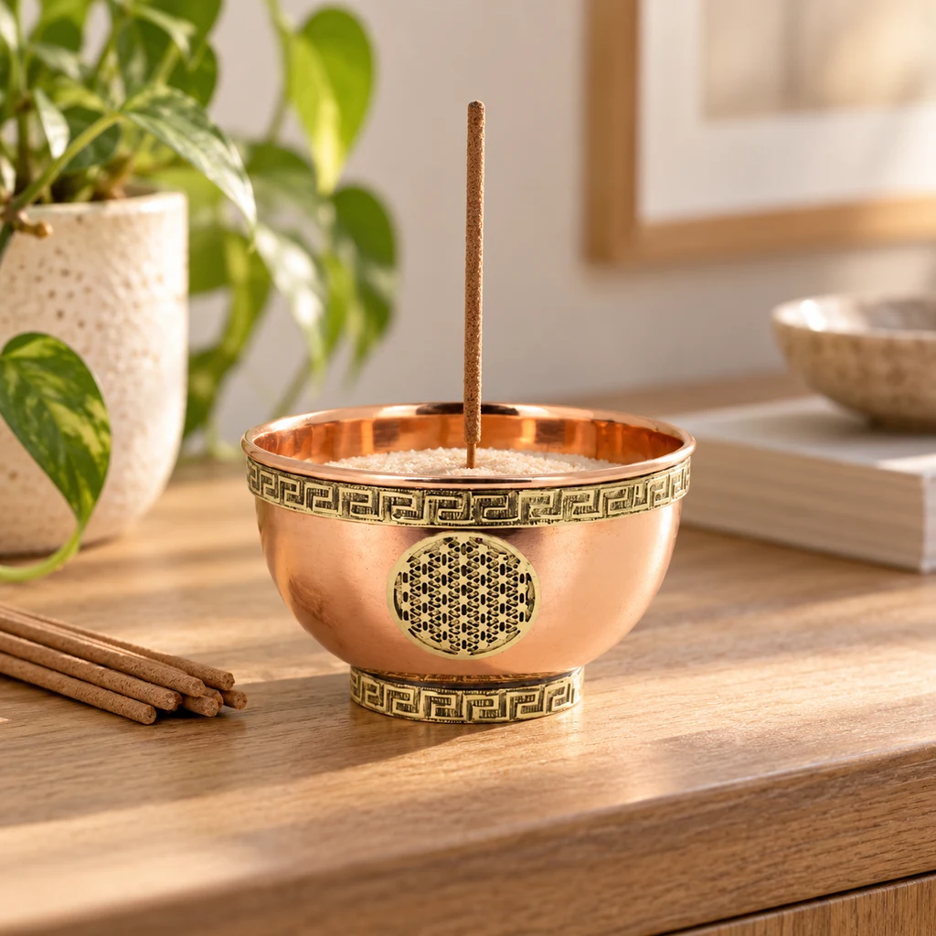 Portaincienso de cobre en forma de cuenco con motivo Flor de la Vida y bordes decorados, con una varilla vertical sobre una mesa.