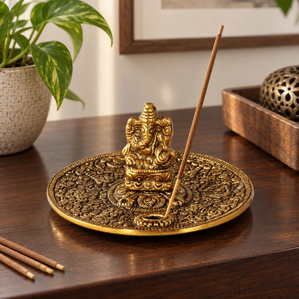 Portaincienso dorado con figura de Ganesha sobre un plato circular con relieves y una varilla inclinada, en una mesa de madera.