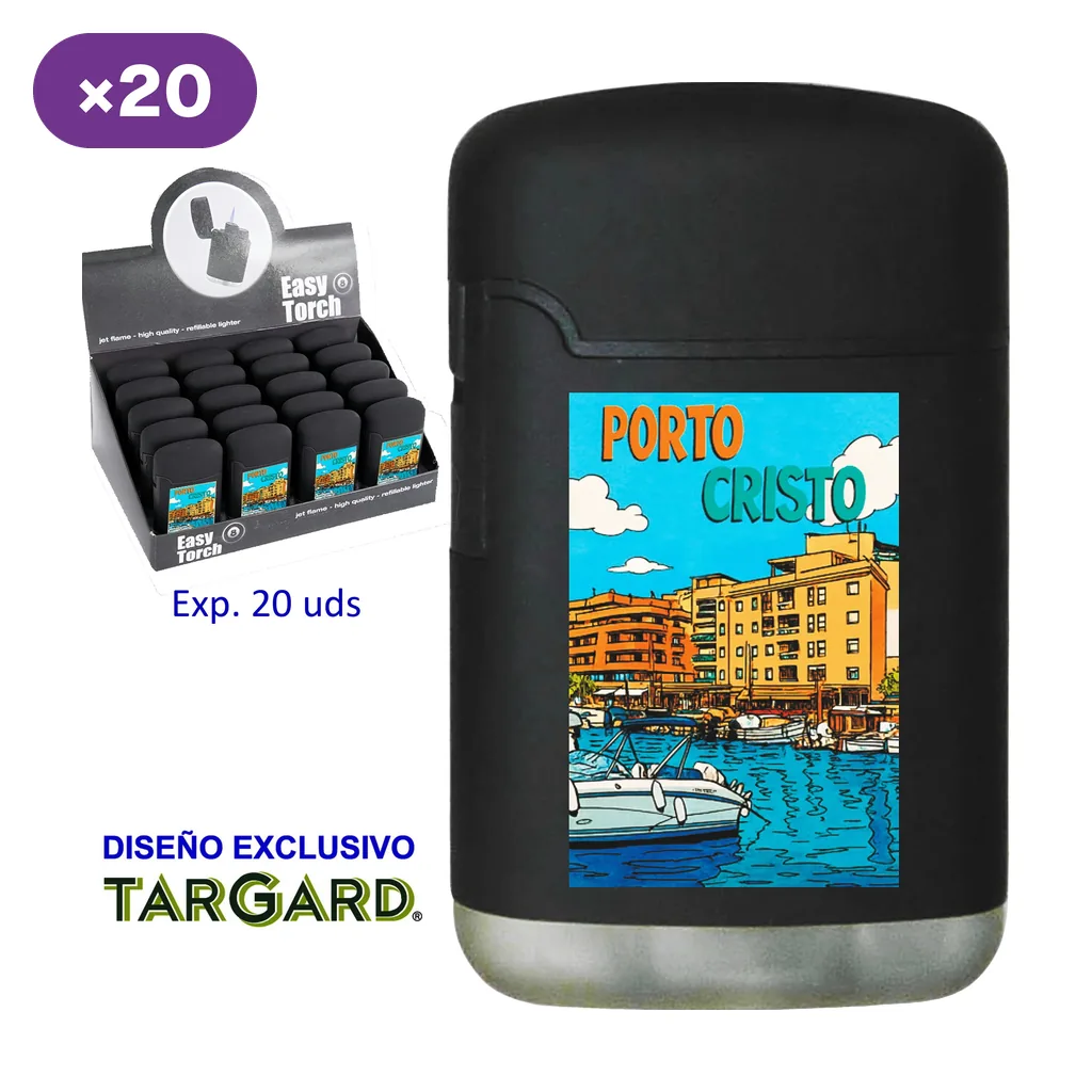 Encendedor negro Porto Cristo con ilustración de un puerto y base plateada, junto a un expositor y un distintivo de 20 unidades.