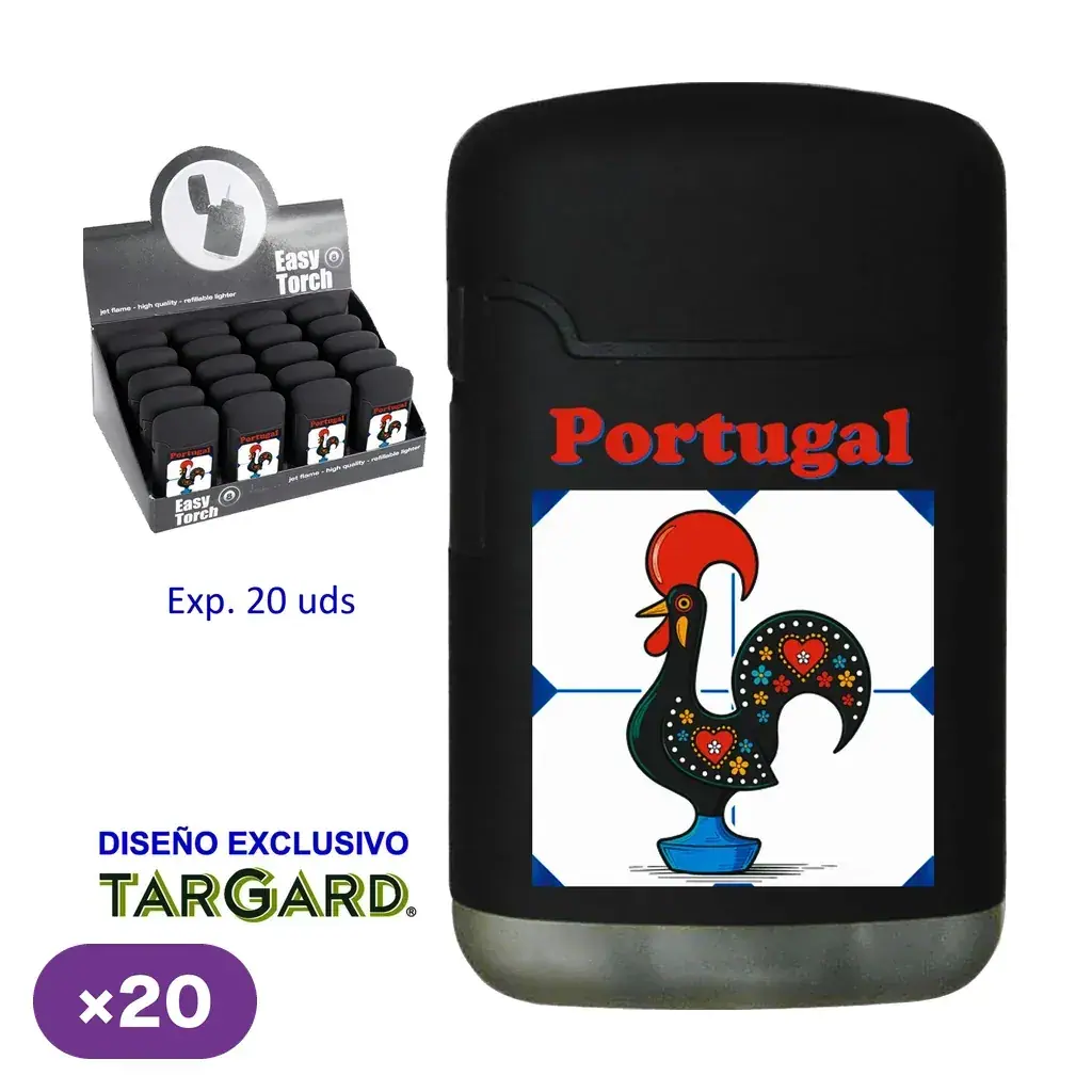 Encendedor negro con texto Portugal y gallo multicolor, junto a un expositor de 20 unidades en la esquina superior izquierda.