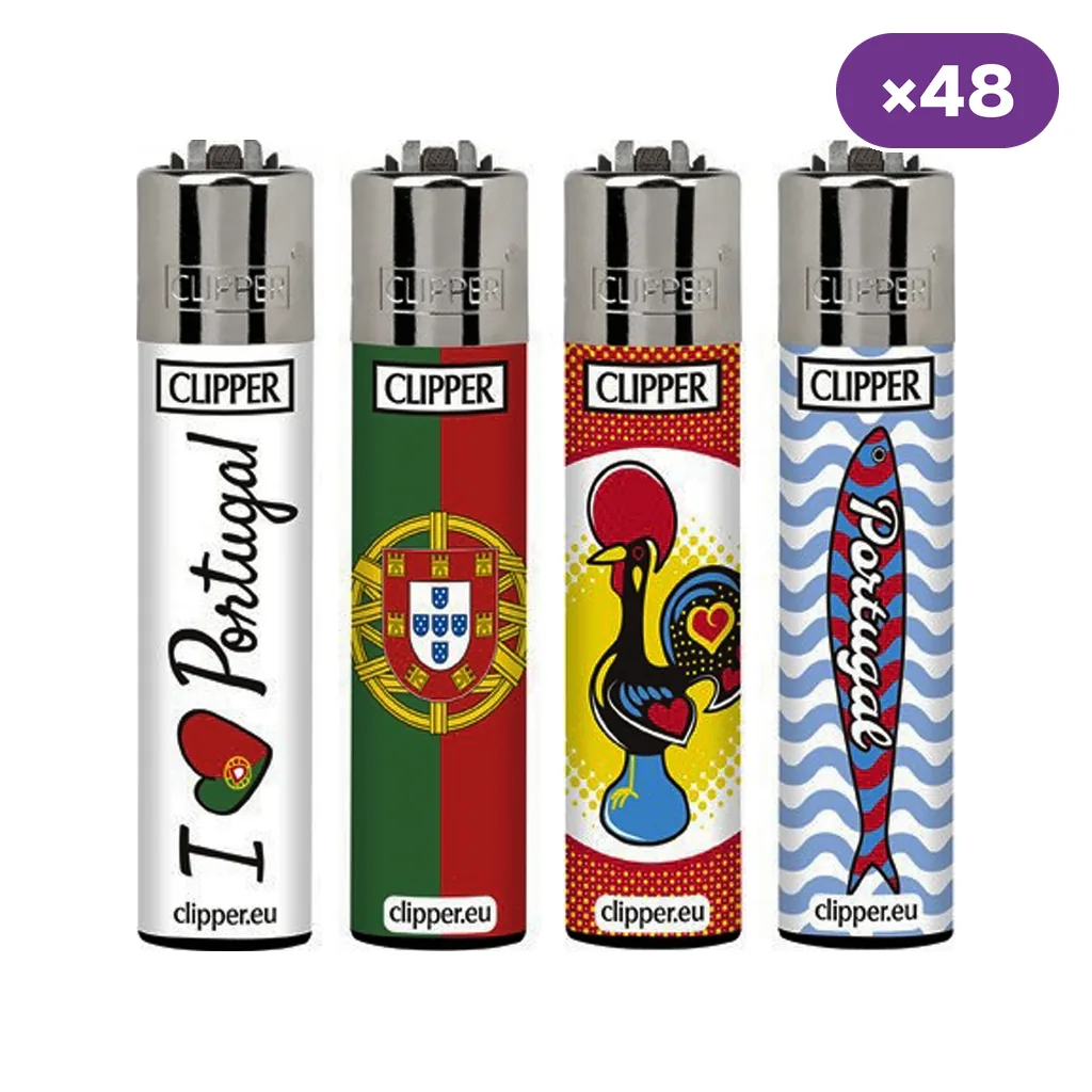 Selección de encendedores Clipper Portugal con diseños de bandera, gallo, sardina y corazón, junto al distintivo de 48 unidades.