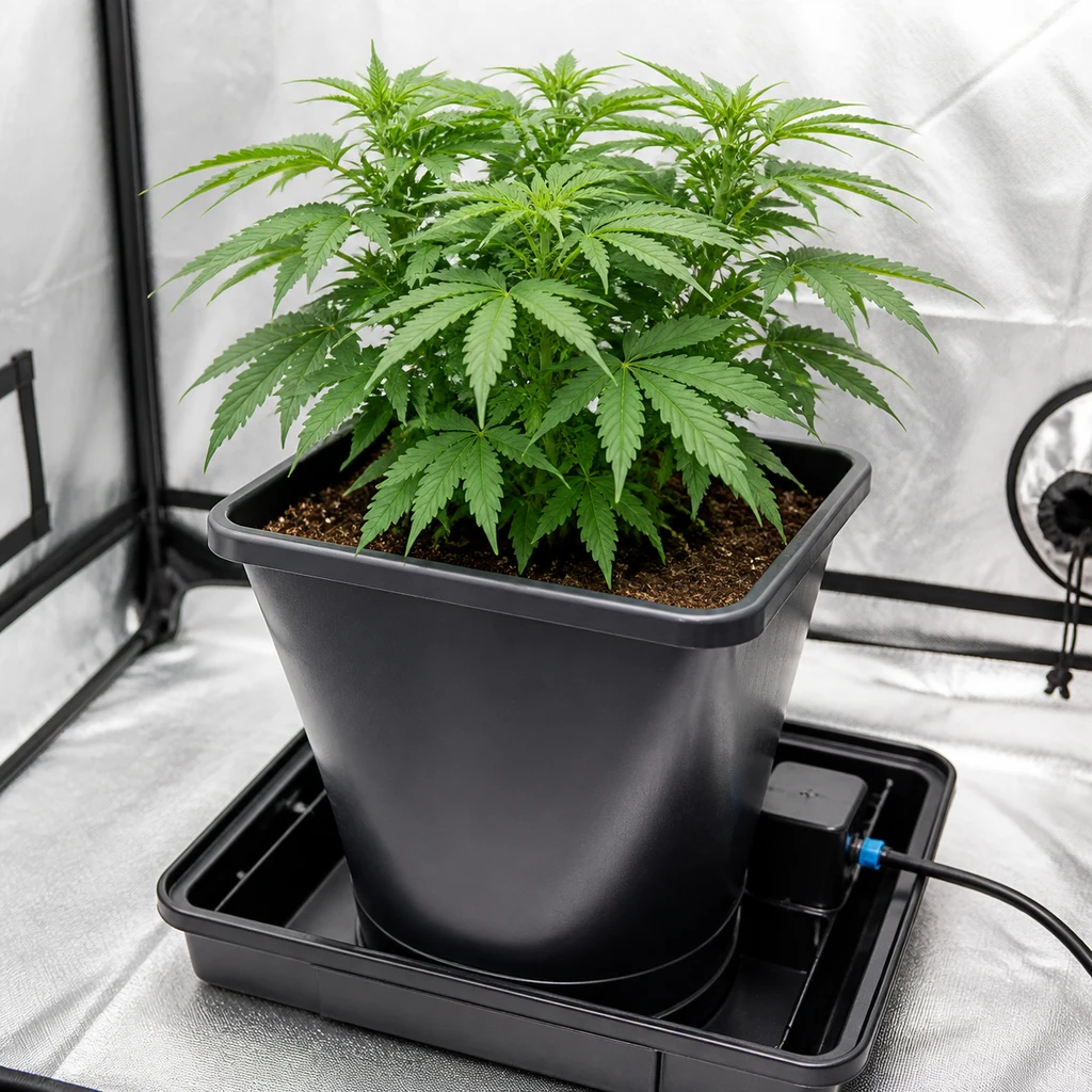 Maceta negra AutoPot con una planta de cannabis, colocada en una bandeja con un módulo lateral conectado a un tubo en un armario de cultivo. Maceta negra AutoPot con una planta de cannabis, colocada en una bandeja con un módulo lateral conectado a un tubo en un armario de cultivo.