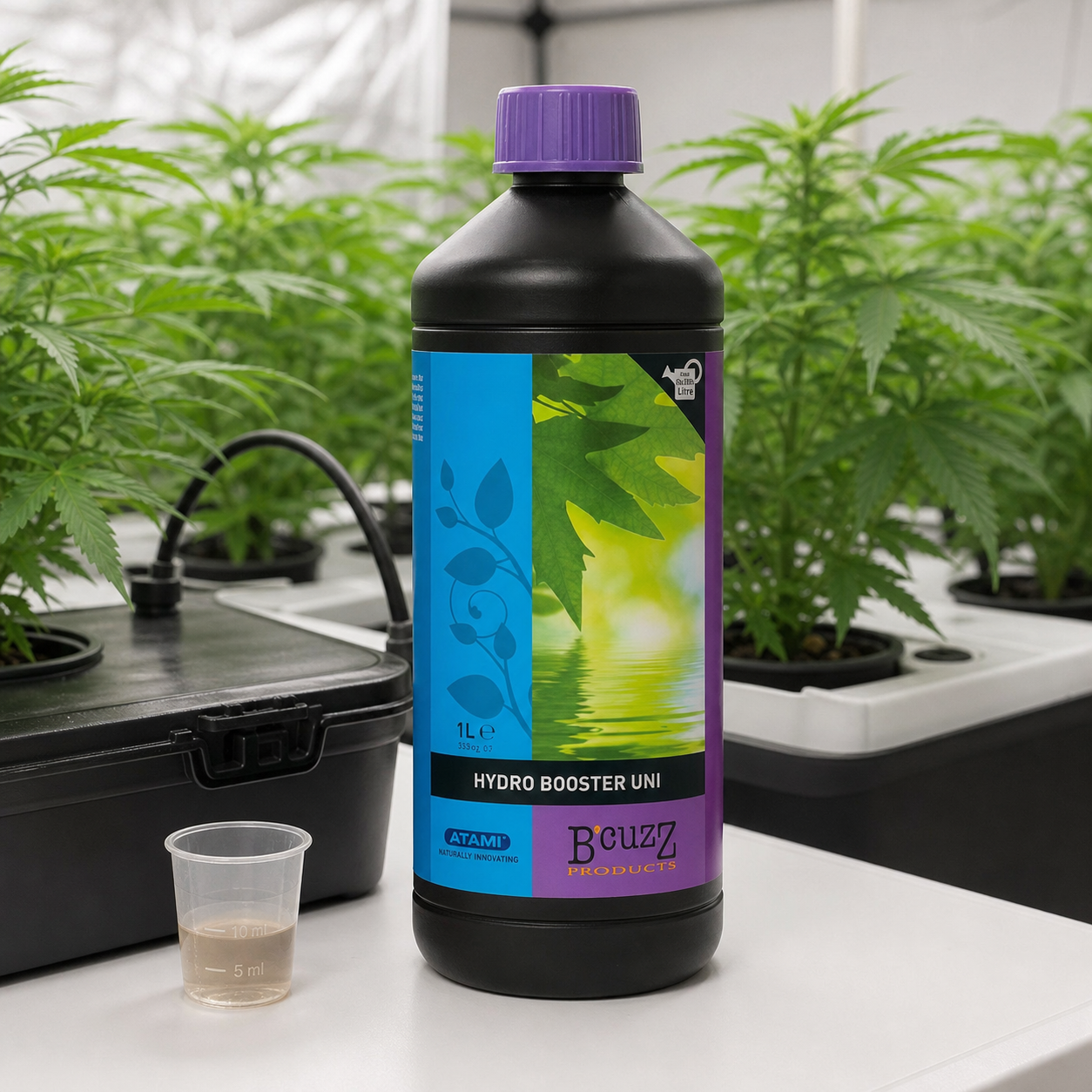 Botella de Hydro Booster Universal Atami con tapón morado y vaso dosificador delante de plantas y depósitos de cultivo.