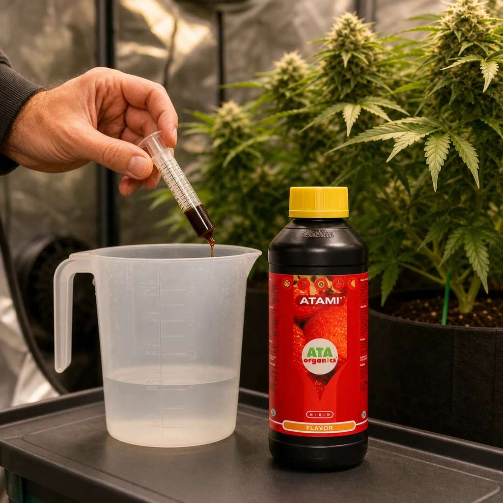 Una mano vierte líquido oscuro con una jeringa en una jarra con agua, junto a un bote Atami Flavor y plantas de cannabis al fondo.