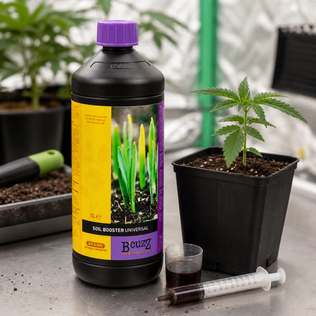 Botella de Atami B'cuzz Soil Booster con tapón morado junto a una planta en maceta, un vaso dosificador y una jeringa sobre la mesa.