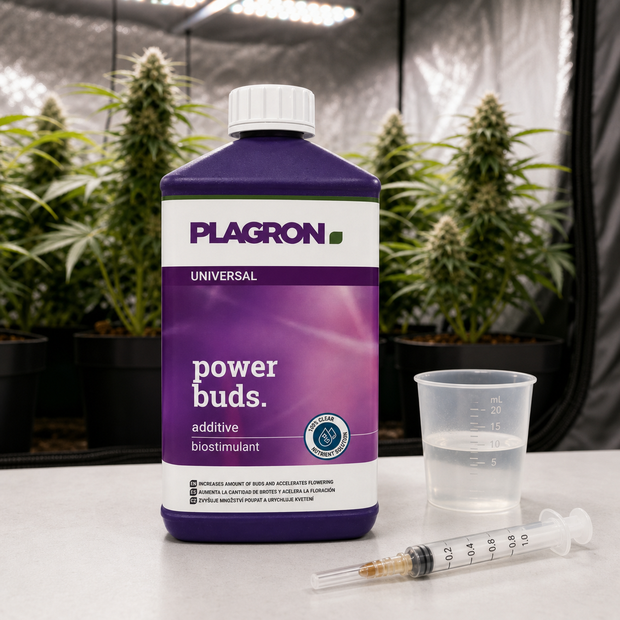 Botella morada de Plagron Power Buds junto a un vaso graduado con líquido y una jeringa, con plantas de cannabis al fondo.