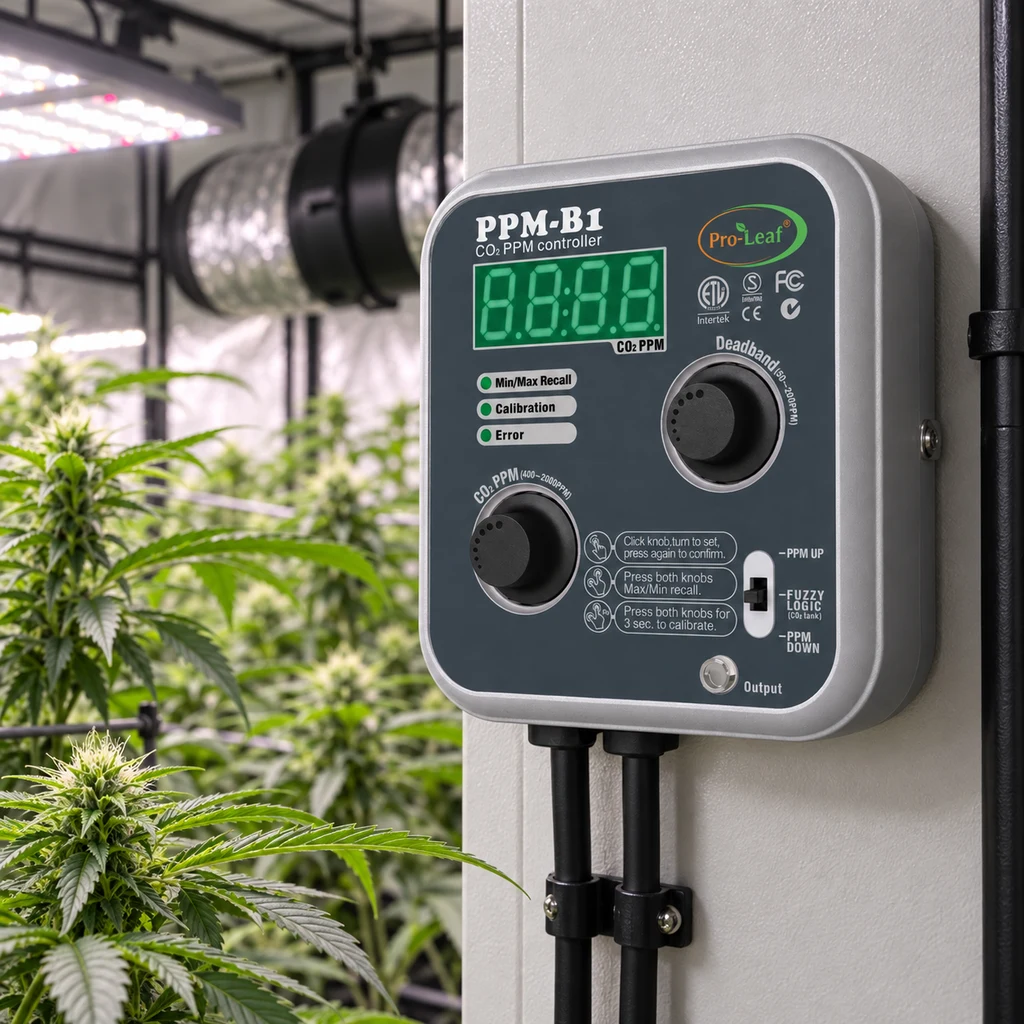 Controlador de CO₂ Pro-Leaf PPM-B1 montado en una pared, con pantalla verde y mandos negros, junto a plantas y equipos de cultivo interior. Controlador de CO₂ Pro-Leaf PPM-B1 montado en una pared, con pantalla verde y mandos negros, junto a plantas y equipos de cultivo interior.