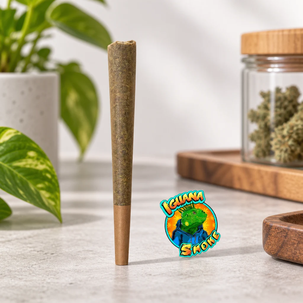 Escena generada de un cono pre-roll erguido con filtro marrón, junto al logotipo Iguana Smoke, con plantas y un tarro de cogollos al fondo.