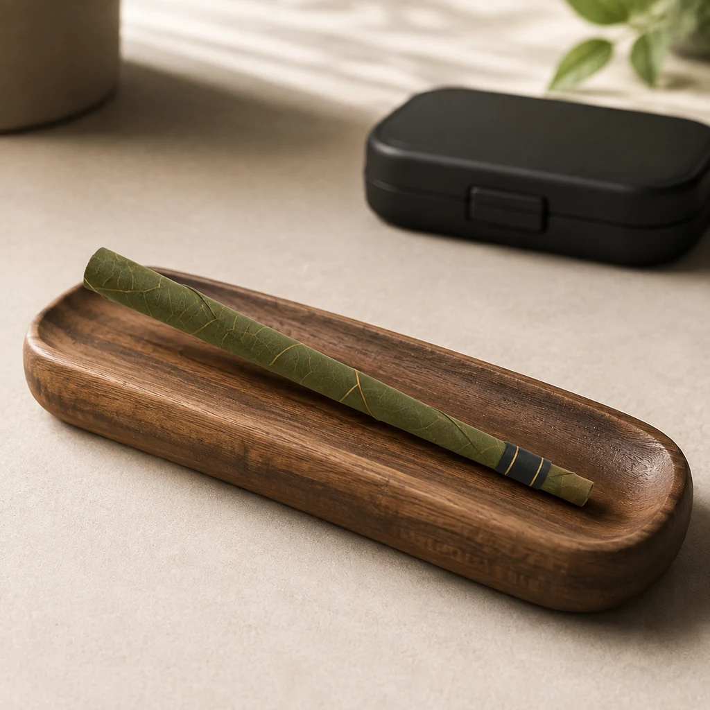 Escena generada de un blunt envuelto en una hoja verde sobre una bandeja alargada de madera, con un estuche negro al fondo.