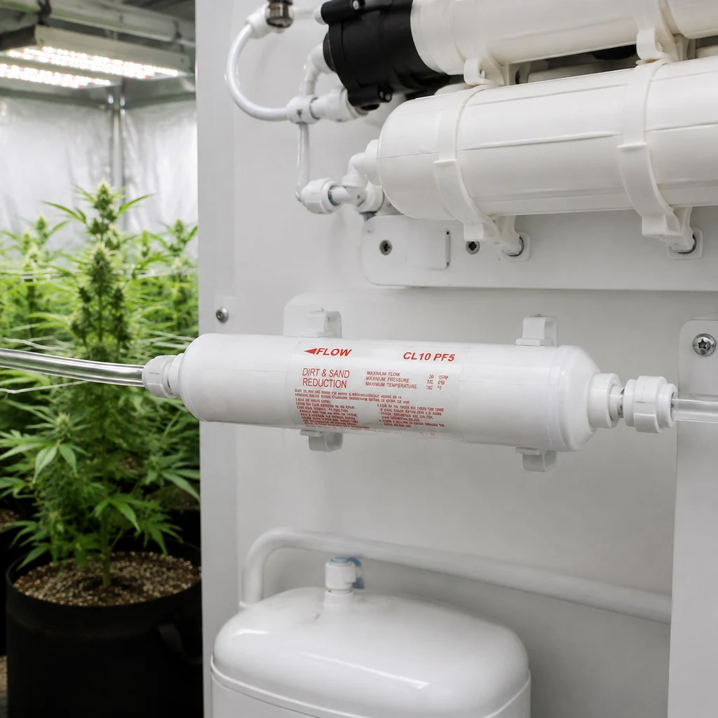 Prefiltro de sedimentación Wassertech blanco, conectado mediante tubos a un equipo de ósmosis junto a un cultivo interior. Prefiltro de sedimentación Wassertech blanco, conectado mediante tubos a un equipo de ósmosis junto a un cultivo interior.