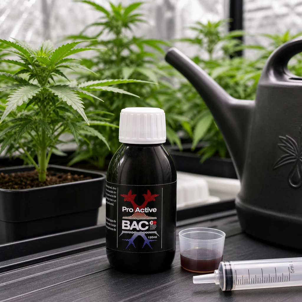 Bote de BAC Pro Active con tapón blanco junto a un vaso dosificador, una jeringa y una regadera, con plantas al fondo.
