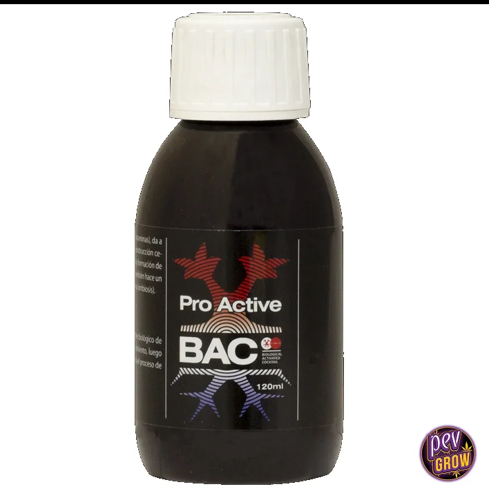Botella oscura de BAC ProActive con tapón blanco y etiqueta negra con figuras rojas y violetas; indica 120 ml.