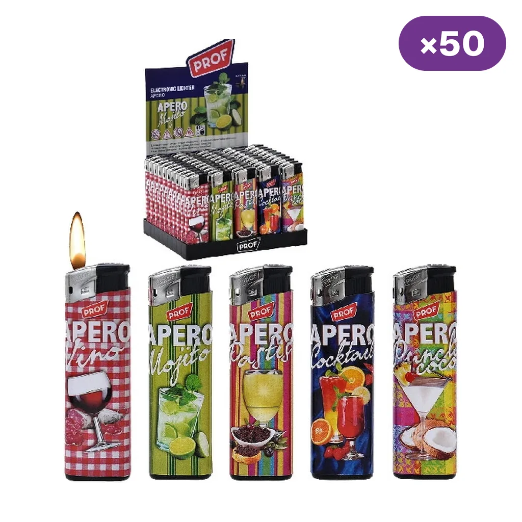Selección de encendedores Prof Apero con diseños de bebidas, uno encendido, junto a un expositor y el distintivo de 50 unidades.