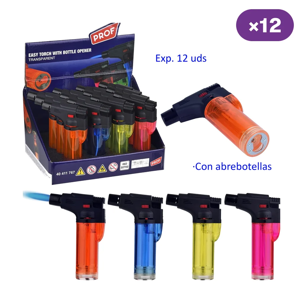 Expositor Prof de 12 encendedores con abrebotellas y detalle de modelos transparentes naranja, azul, amarillo y rosa; uno muestra llama azul.