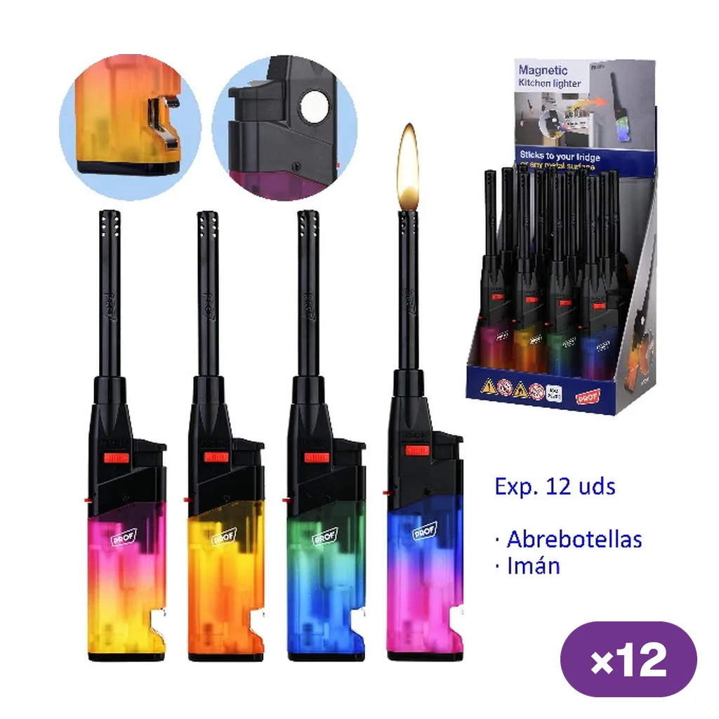 Encendedores Prof de cuello largo en varios colores degradados, con detalles del imán y abrebotellas y expositor rotulado de 12 unidades.