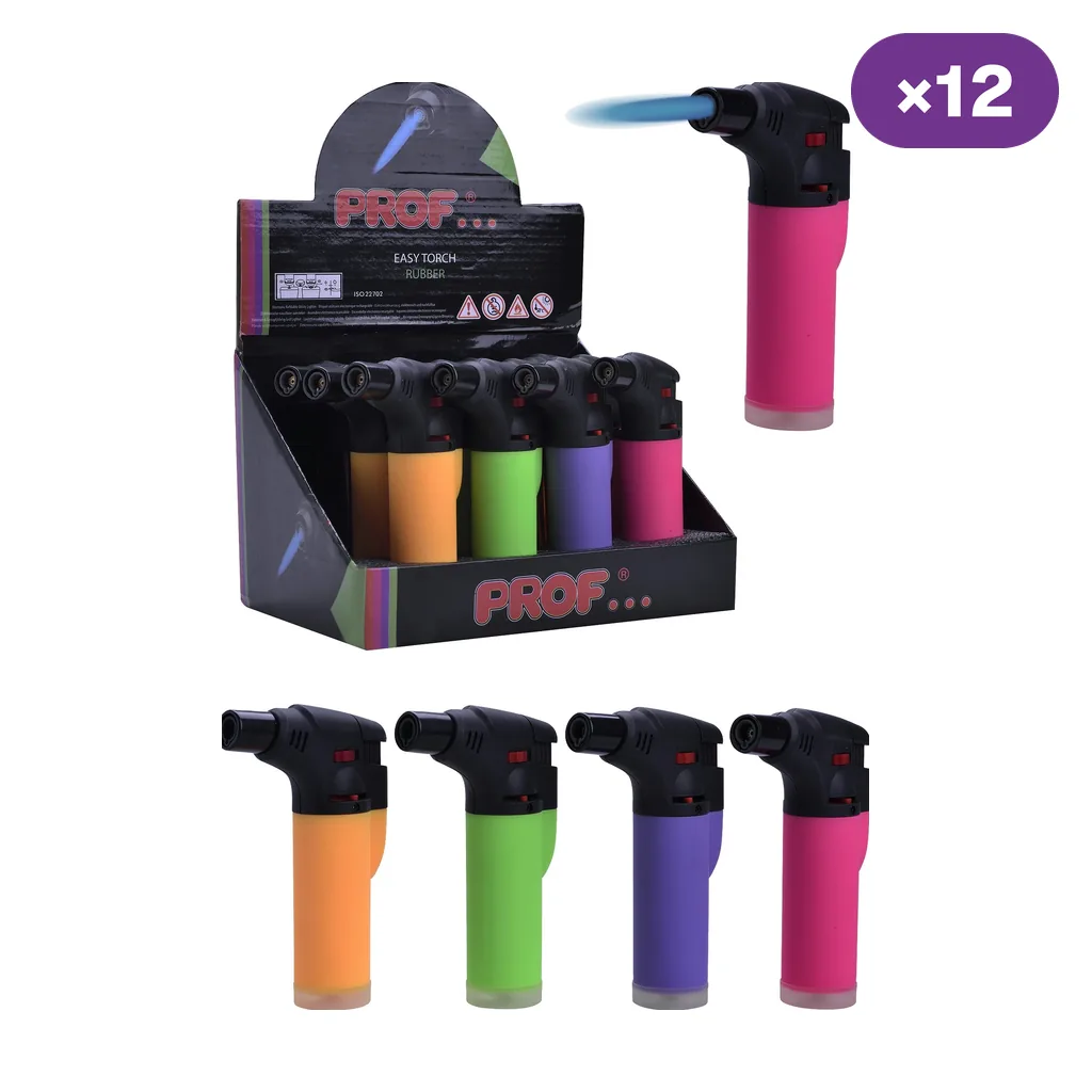 Encendedores Prof Easy Torch en varios colores con cabezal negro, junto a un expositor y una unidad rosa representada con llama azul.