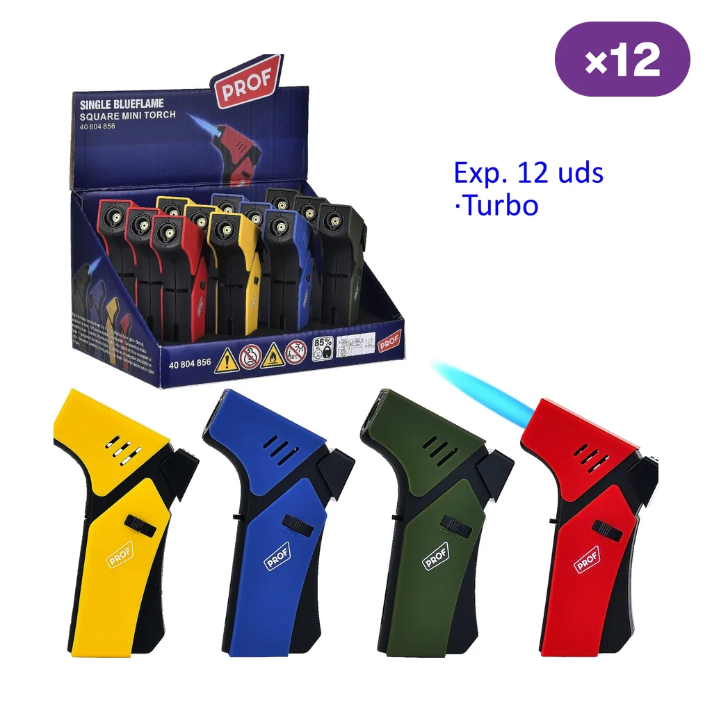 Encendedores turbo Prof en amarillo, azul, verde y rojo, este último con llama azul representada, junto a un expositor marcado ×12.