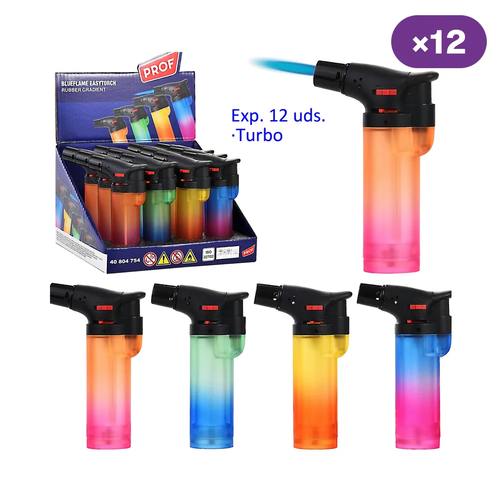 Encendedores turbo Prof Rubber en distintos degradados de color, con expositor rotulado de 12 unidades y un modelo con llama azul.