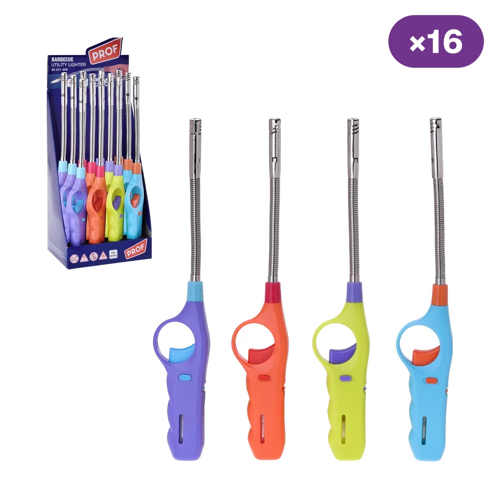 Encendedores Prof Flex con cuello metálico flexible y mangos de varios colores, junto a un expositor y el distintivo de 16 unidades.