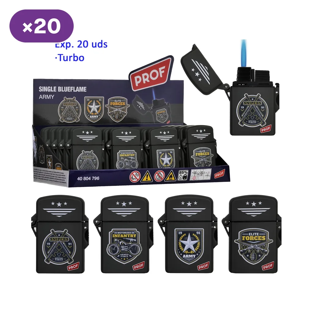 Selección de encendedores negros Prof Army con distintos emblemas militares, expositor y un modelo abierto con llama azul.
