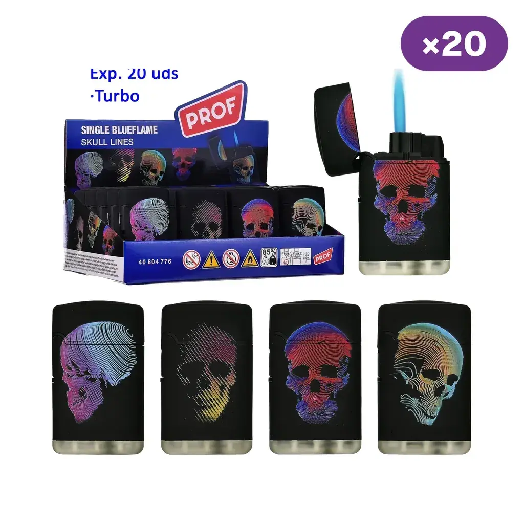 Expositor Prof Skull Lines de 20 encendedores, cuatro diseños de calaveras multicolor y un modelo abierto con llama azul representada.