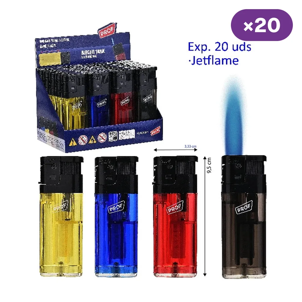 Encendedores Prof Giant en amarillo, azul, rojo y negro, junto a un expositor de 20 unidades y una representación de llama azul.