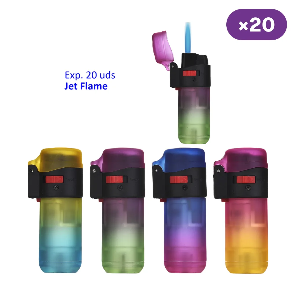 Encendedores Prof Gradient con degradados de colores y cabezal negro; uno tiene la tapa abierta y muestra una llama azul.