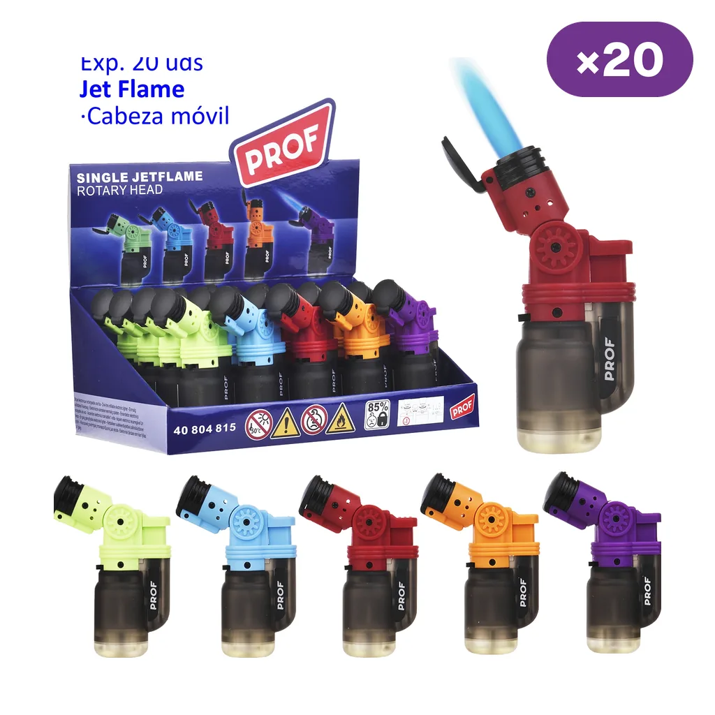 Encendedores Prof Jetflame de varios colores con cabezal orientable, expositor marcado con 20 unidades y detalle con llama azul.