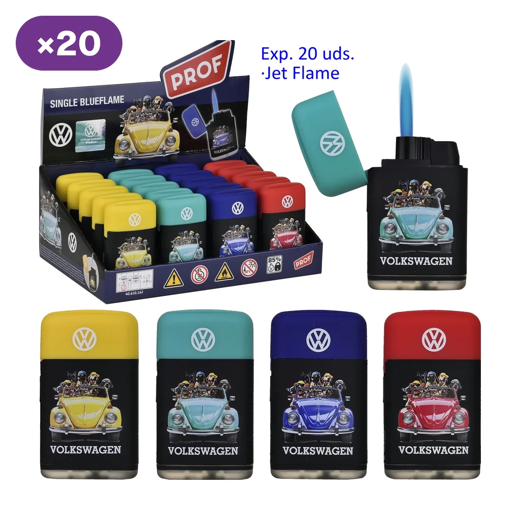 Encendedores Prof VW Beetle con tapas amarillas, turquesas, azules y rojas, expositor y detalle de uno abierto con llama azul.