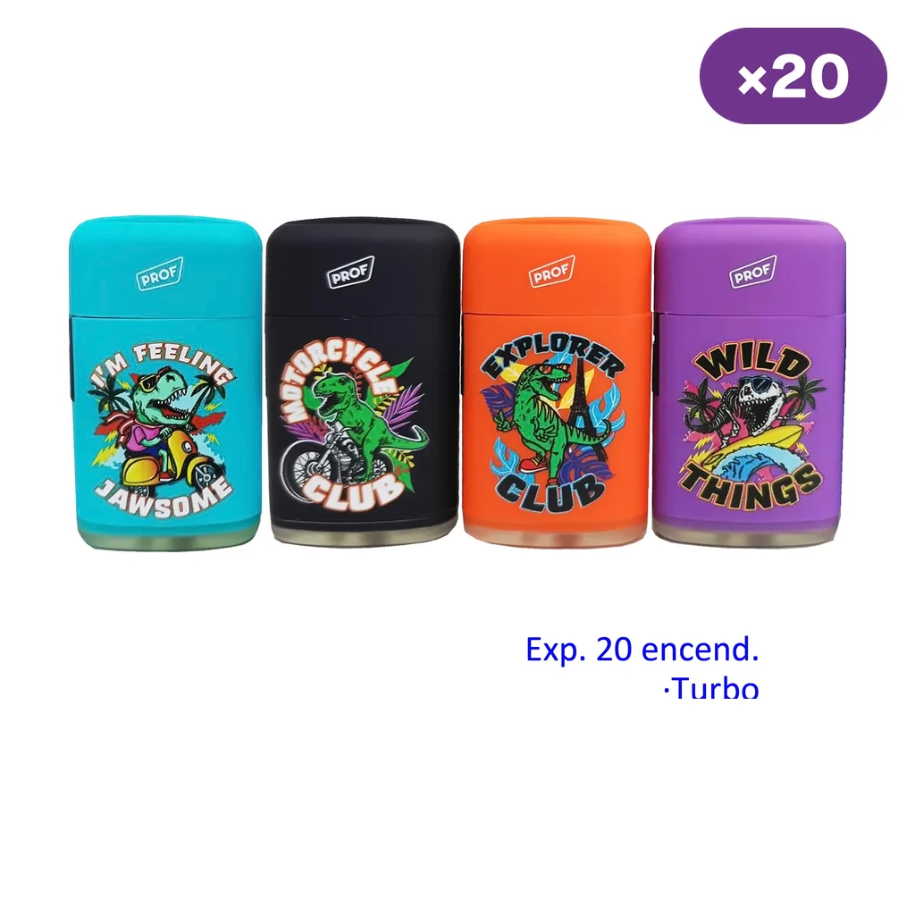 Encendedores turbo Prof Dino en turquesa, negro, naranja y morado, con distintos dibujos de dinosaurios y un distintivo de 20 unidades.