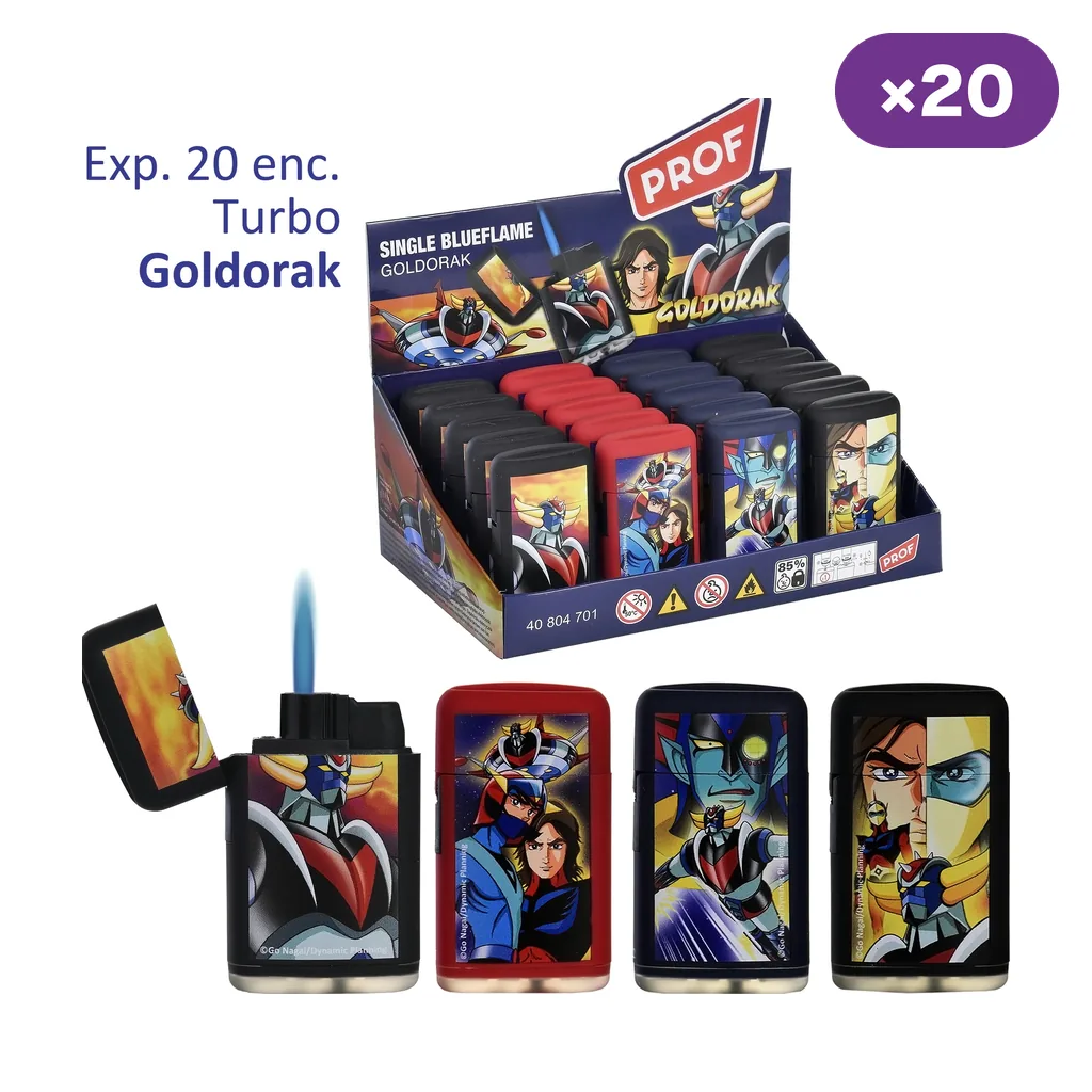 Encendedores turbo Prof con distintos diseños de Goldorak junto a un expositor; uno aparece con la tapa abierta y una llama azul.